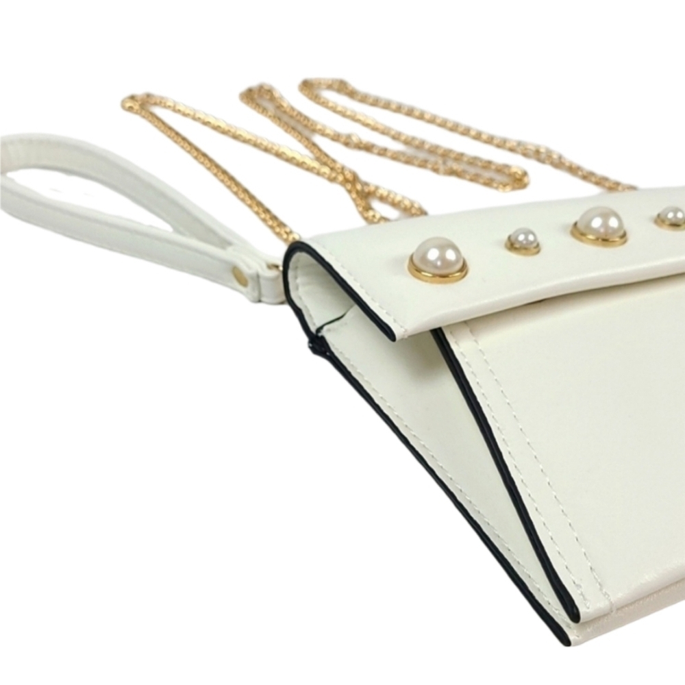 Pearl Clutch White Cream Purse Handbag w/ Gold Chain - Picture 2 of 7